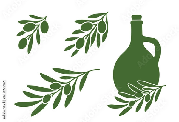 Fototapeta Olive oil jug and set of decorative olive branches