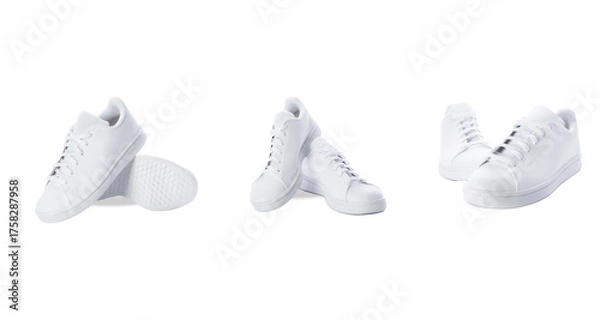 Fototapeta three pairs of clean white casual sneakers or tennis shoes displayed in different angles and arrangements, showcasing simple and timeless footwear design isolated on a transparent background.