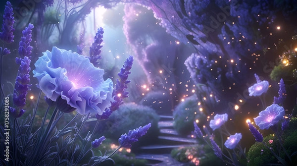 Fototapeta dreamlike enchanted forest, glowing under a moonlit sky. Lavender flowers and glowing blossoms, Enchanted Lavender Path Generative Ai