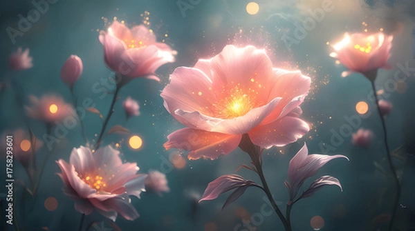 Fototapeta soft pink flowers glowing with a warm, magical radiance Blossoms of Light Generative Ai