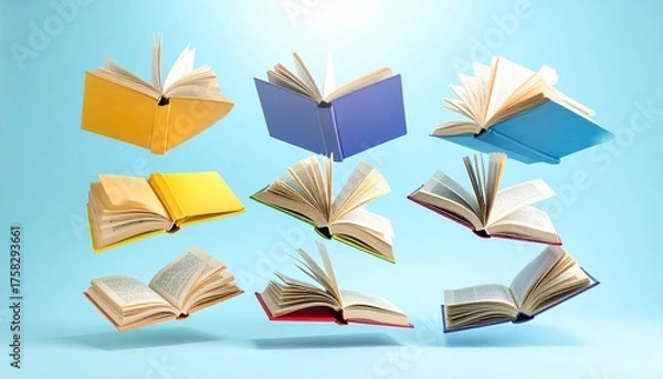 Fototapeta Dynamic assortment of open books floating gracefully against a vibrant blue backdrop in studio light
