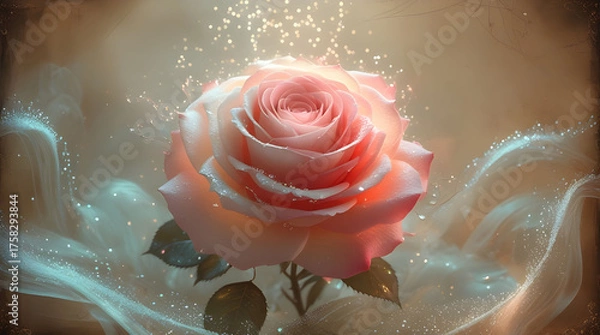 Fototapeta delicate pink rose glowing with an ethereal aura Stardust Rose, Generative Ai