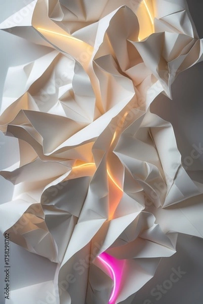 Fototapeta professional photograph of an abstract 3D texture combining intricately folded paper surfaces with faint neon reflections creating an elegant and modern aesthetic set against a balanced space for cont