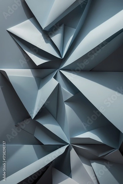 Fototapeta Professional photograph of an abstract geometric background featuring intricate folded paper shadows and light digital reflections set against a muted gray-blue palette conveying a sophisticated and p
