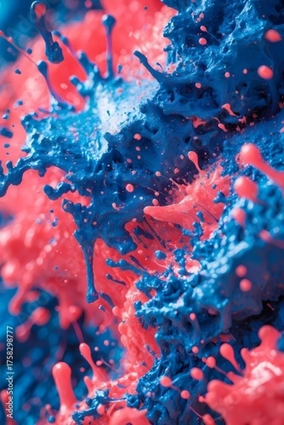 Fototapeta Professional photograph of an experimental abstract artwork featuring vibrant paint splatter textures and bright glitch noise patterns set against a bold electric blue and coral color palette exuding