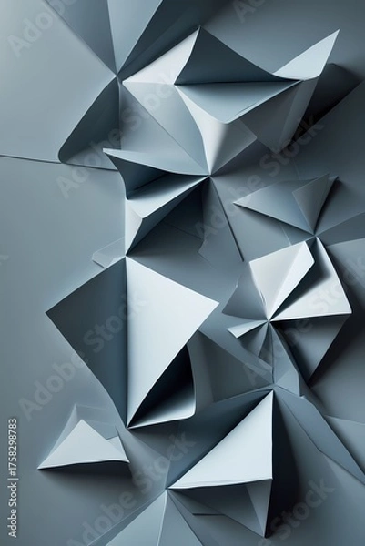 Fototapeta Professional photograph of an abstract geometric background featuring intricate folded paper shadows and light digital reflections set against a muted gray-blue palette conveying a sophisticated and p