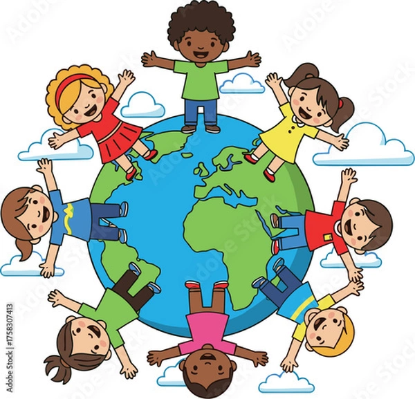 Fototapeta Diverse Children Holding Hands Around Globe, Celebrating Unity and Friendship on Earth in a Peaceful World. International Collaboration, Global Harmony, Multicultural Community, Education, Kid's Illus