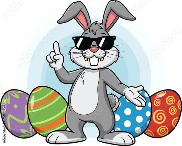 Fototapeta Cool Easter Bunny with Sunglasses Pointing Up Surrounded by Colorful Decorated Easter Eggs, Fun Celebration Springtime Holiday Season Cartoon Vector Illustration Graphic Design for Marketing, Children