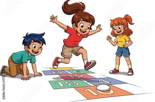 Fototapeta Enthusiastic Children Playing Hopscotch Game Outdoors on Sunny Day, Enjoying Childhood Fun and Physical Activity in a Schoolyard Playground with Vibrant Colors, a Digital Illustration for Educational