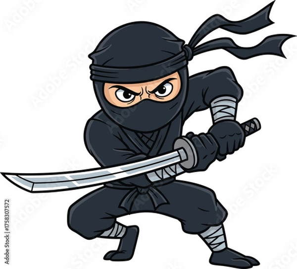 Fototapeta Cartoon Ninja Warrior Ready for Battle with Katana Sword in Dynamic Action Pose on White Background, A Martial Arts Expert with Serious Expression for Gaming Character Design and Animation, Modern Ill