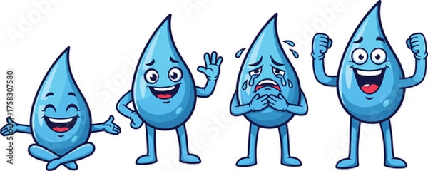 Fototapeta Cartoon Water Droplet Characters Expressing Emotions: Happy, Sad, and Excited in a White Isolated Background, Illustrating Moods and Feelings for Education, Environmental Projects, and Animated Storie