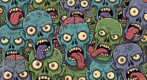 Fototapeta Zombie Horde Outbreak Illustration, Cartoon Undead Crowd Roaming, Halloween Horror Concept, Spooky Themed Design, Fantasy Apocalypse, Grotesque Monstrosity, Animated Ghoul Group, Vector Background For