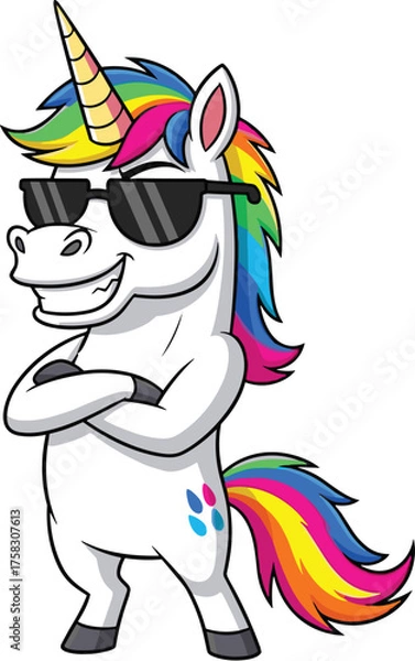 Fototapeta Cool Unicorn Cartoon Character Posing with Sunglasses with Arms Crossed Confidently for Mascot Logo Branding in Fantasy Illustration Style for Kids Apparel Design Marketing and Magical Animation Prese