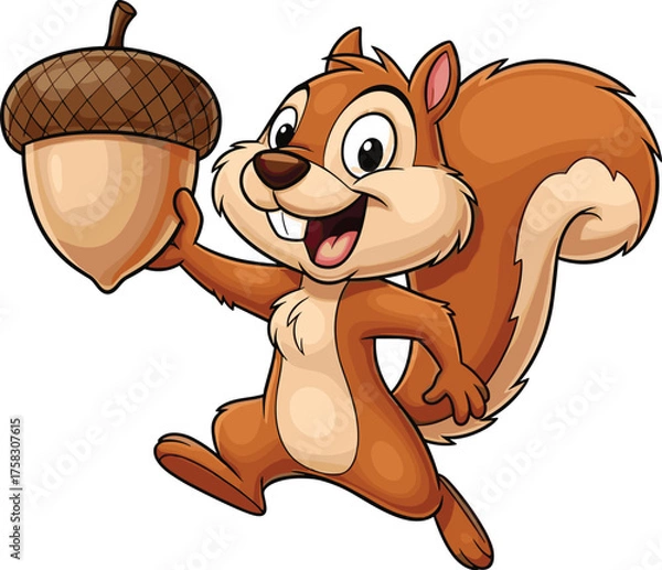 Fototapeta Happy Cartoon Squirrel Running with Acorn: Cheerful Character Mascot for Children's Education, Nature Illustration, Wildlife Conservation, Animation, Advertising, Woodland Animal, Nut, Funny, Joyful,
