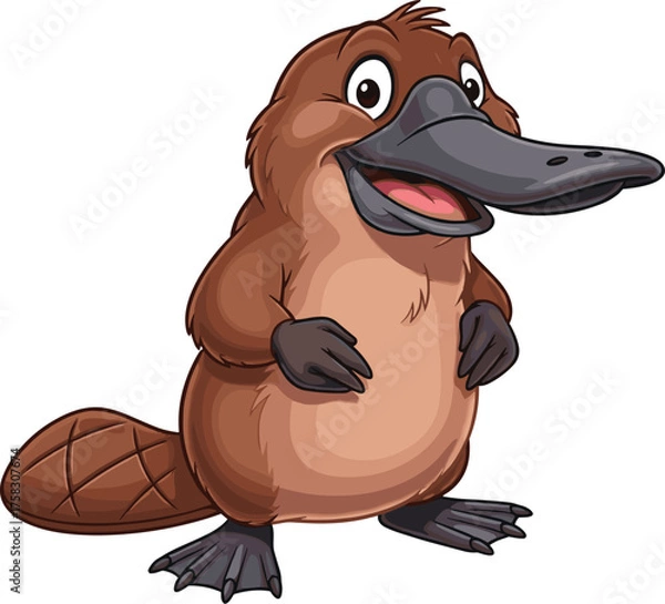 Fototapeta Cute Platypus Cartoon Character Standing with a Cheerful Expression Against a White Background,  Ideal for Children's Education and Animal Conservation Projects, Animation,  Illustration, Wildlife, Fu