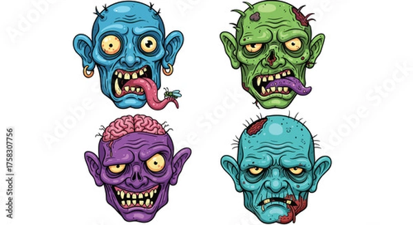 Fototapeta Cartoon Zombie Heads with Piercings and Brains in Varied Colors for Halloween Design Element or Spooky Character Illustration, Horror Concept, Undead Graphic Art for Creepy Presentation or Macabre The