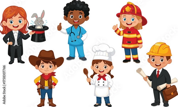 Fototapeta Diverse Group of Kids in Various Professions Posing Cheerfully Against a White Backdrop, Showcasing Career Aspirations and Educational Opportunities, Including Doctor, Chef, Magician, Cowboy, and Fire