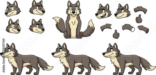Fototapeta Cartoon Wolf Character Design Kit for Animation and Games, with Different Poses, Expressions and Body Parts, Isolated on White Background, Vector Illustration for Children's Media and Mascot Branding,