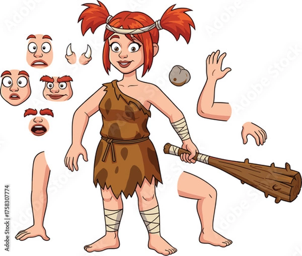 Fototapeta Cartoon Cavewoman Character with Interchangeable Expressions and Poses for Animation - Prehistoric Female Avatar for Game Design, Illustration, Storytelling, and Historical Education Projects - Colorf