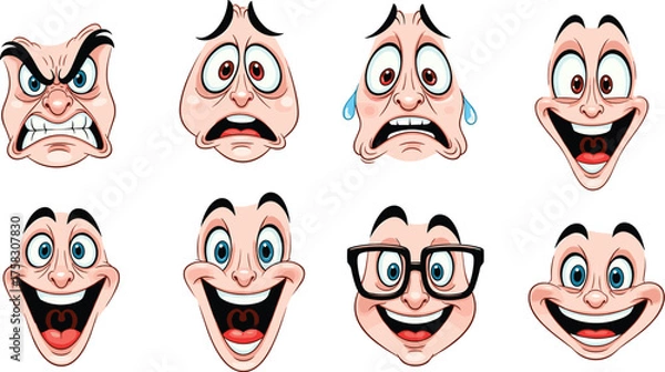 Fototapeta Cartoon Faces Expressing Diverse Emotions and Reactions Illustration Set: Animated Facial Expressions Representing Anger, Fear, Joy, Happiness, Surprise, and Smart Intelligence for Animation, Educatio
