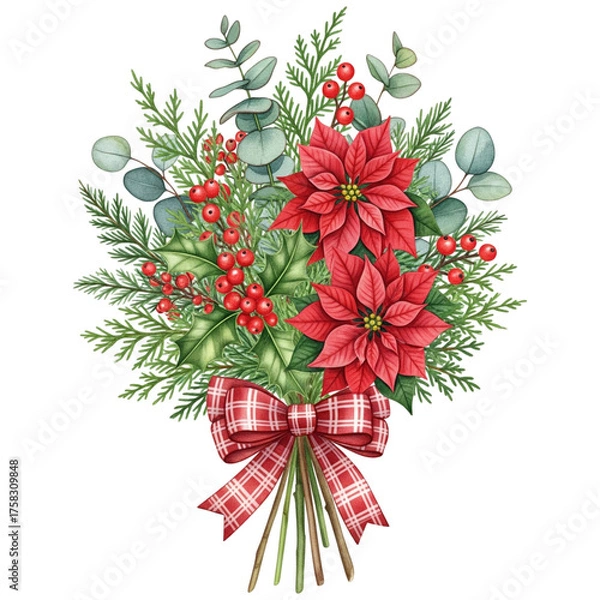 Fototapeta vibrant bouquet featuring red poinsettias, green foliage, and festive accents, tied together with a checkered ribbon. ,watercolor clip art isolated on white background