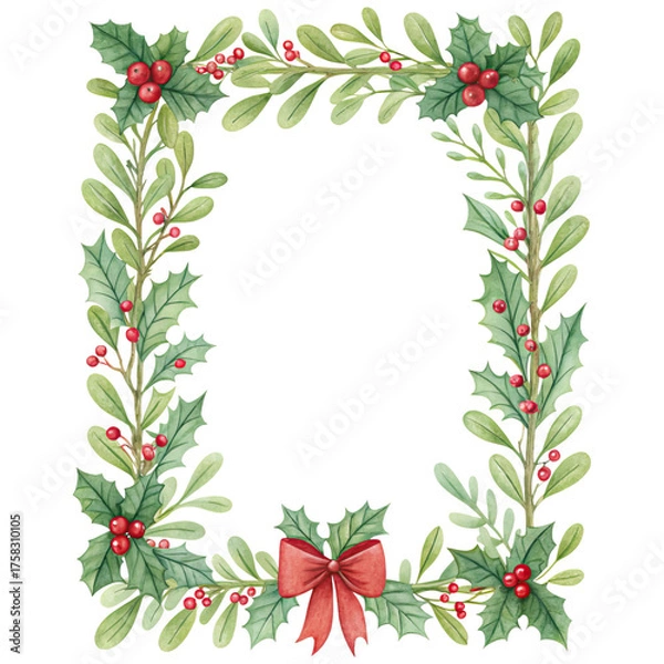 Fototapeta decorative wreath border made of holly leaves and berries, with a red bow, festive occasions. ,watercolor clip art isolated on white background
