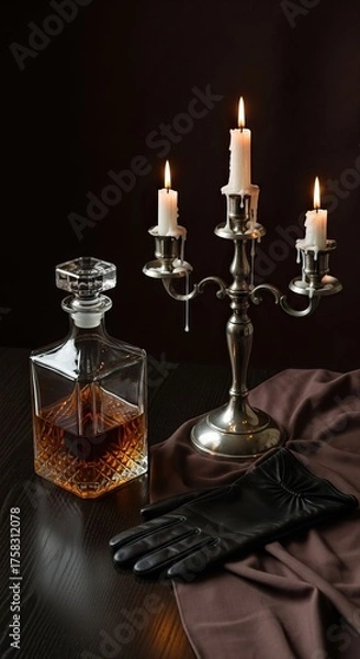 Fototapeta luxurious setting featuring a whiskey decanter, a silver candelabra with candles, and elegant black gloves on a dark table.