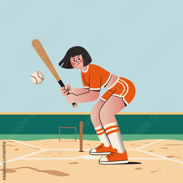 Fototapeta A cartoon vector sports girl playing baseball