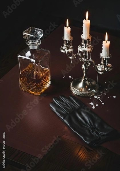 Fototapeta stylish arrangement featuring a crystal decanter, lit candles on a polished surface, and a black glove, elegant atmosphere.