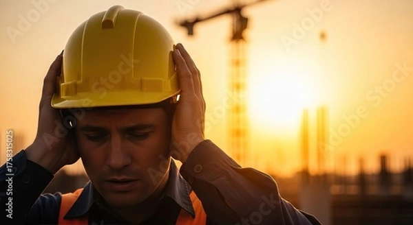 Obraz Mental health in the workplace, A construction worker in a hard hat holds his head, stressed against a sunset and a construction site backdrop.
