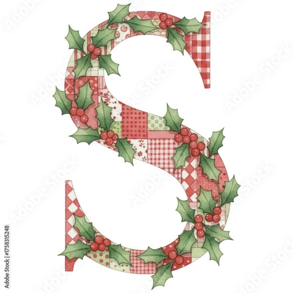 Obraz festive letter S with patchwork patterns and holly leaves, holiday-themed designs. ,watercolor clip art isolated on white background