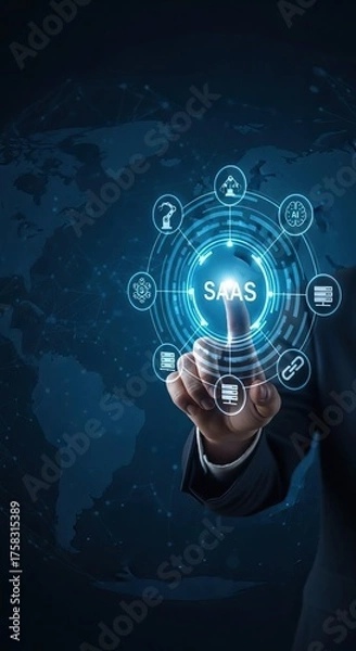 Obraz Saas business models, A professional hand interacts with SaaS technology on a dark world map background.