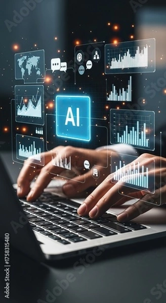 Fototapeta SaaS business model, A person typing on a laptop with digital graphics, including AI, charts, and data, illustrating the integration of technology and artificial intelligence.