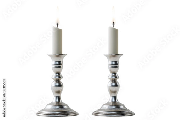 Fototapeta Elegant silver candle holders with white candles,isolated on a white background