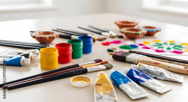 Obraz Assortment of Colorful Art Supplies Including Paints, Brushes, and Rangoli Designs for Creative Crafting