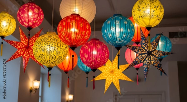 Obraz Collection of Colorful Hanging Paper Lanterns and Star Decorations, Creating a Festive Ambiance