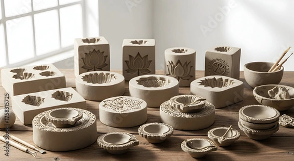 Obraz Collection of Unfired Clay Molds and Bowls with Intricate Lotus Flower Designs, Ready for Traditional Indian Crafting