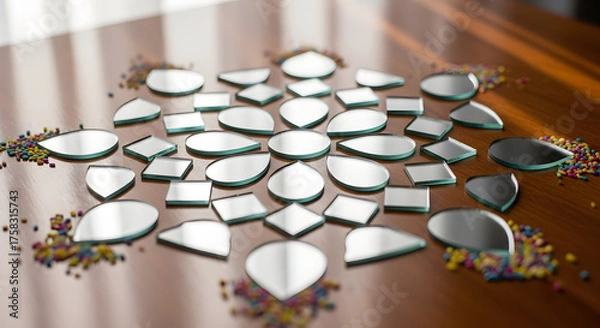 Obraz Decorative Small Mirrors and Colorful Beads Arranged on a Wooden Surface for Festive Embellishment or Craft Projects