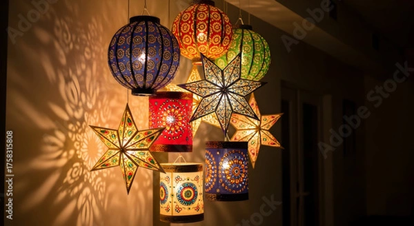 Obraz Vibrant Cluster of Ornate Paper Lanterns in Various Colors and Shapes, Casting Beautiful Patterns of Light and Shadow