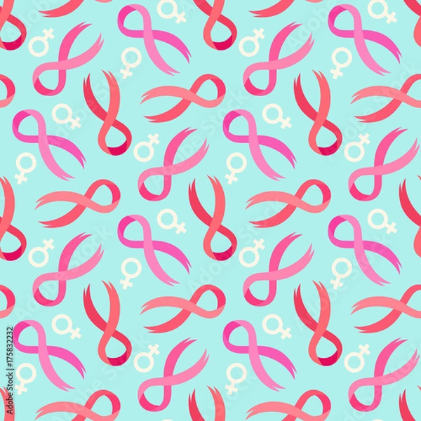 Obraz Pink ribbon  and venus sign seamless pattern on a blue background.