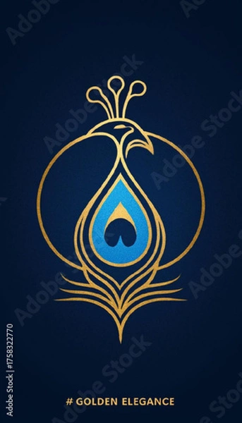 Fototapeta Stylized peacock illustration in elegant golden and blue colors on a dark background  , copy space