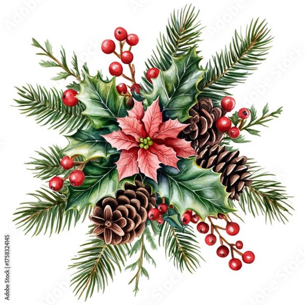 Obraz festive arrangement featuring holly, pinecones, and a vibrant poinsettia, the spirit of the holiday season. ,watercolor clip art isolated on white background