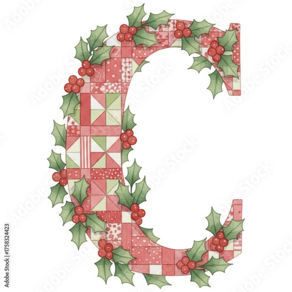 Obraz decorative letter C with festive patterns and holly leaves, embodying a holiday theme. ,watercolor clip art isolated on white background