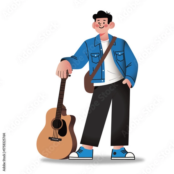 Fototapeta A man holding a guitar in a cartoon vector