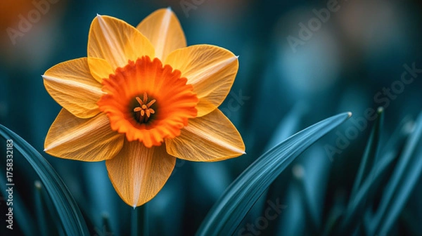 Fototapeta A detailed photo of a yellow daffodil with an orange center