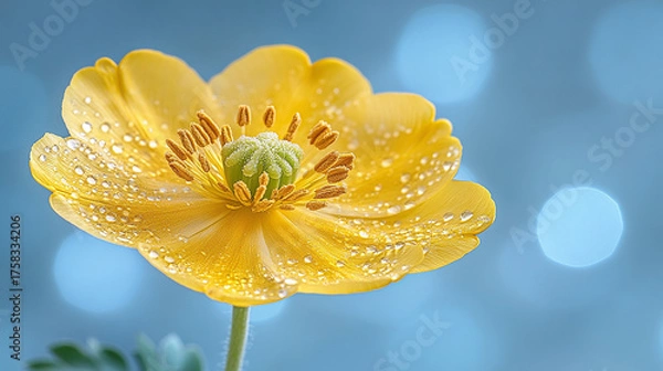 Fototapeta A vivid yellow flower with dew drops against a soft bokeh background