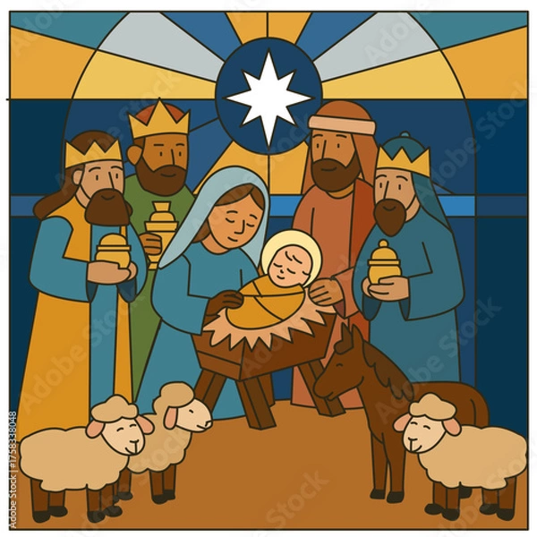 Fototapeta Nativity Scene birth of Jesus Vector in stained glass style – Holy Family Christmas Art in Religious Decorative Style