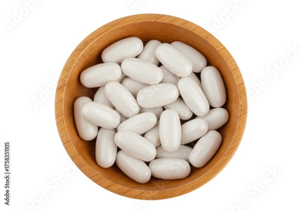 Obraz Isolated wood bowl of white capsules, health supplements, medicine, multivitamins, food additives