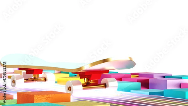 Fototapeta wooden skateboard on colorful street 3D rendering