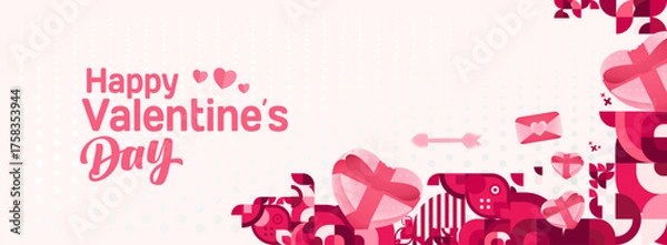 Obraz Valentine's day banner with cheerful ornaments. Floating hearts, love messages, gift boxes, cupid's arrows and romantic decorations for seasonal shopping, valentine's day sales, discount promotions